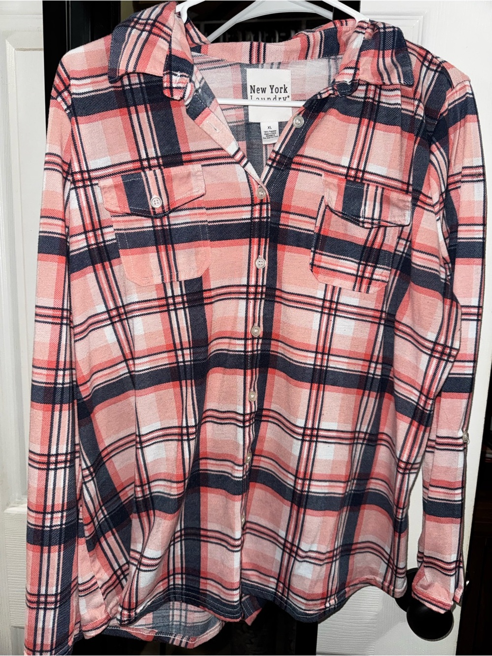 New York Laundry Pink & Navy Plaid Shirt with Chest Pockets